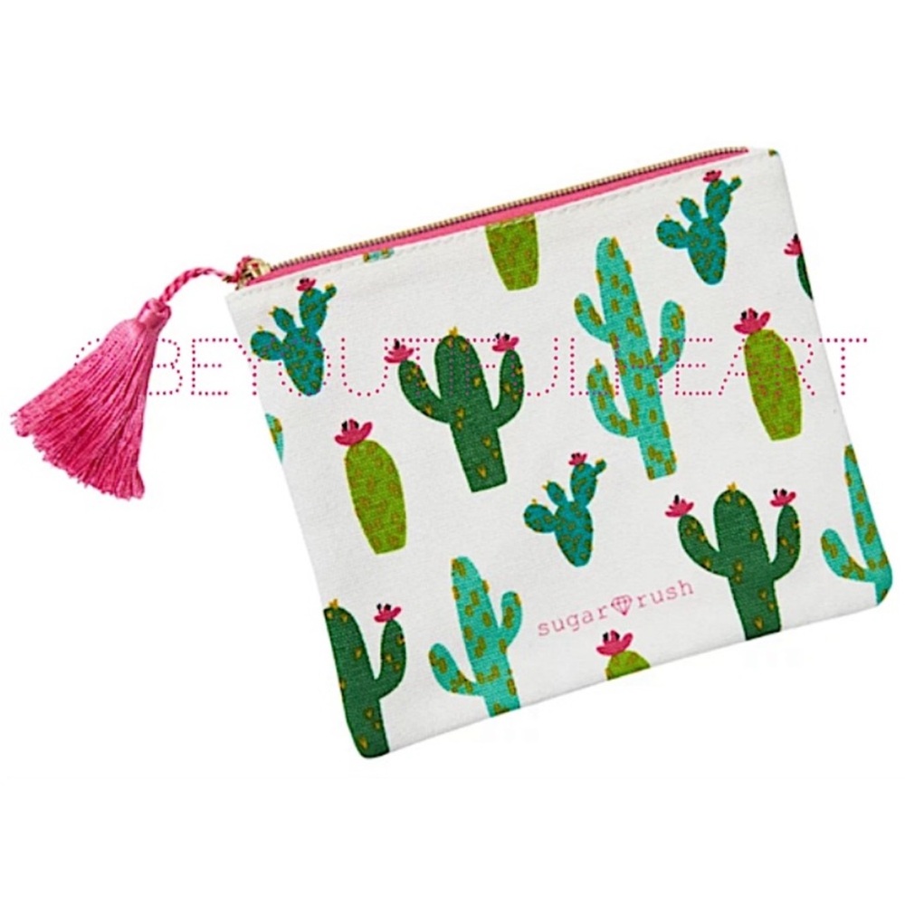 tarte Sugar Rush Cactus Print Flat Canvas Makeup Bag with Pink Tassel Zipper